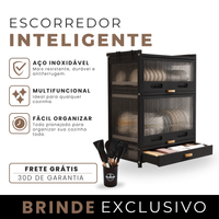 Escorredor de Pratos Inteligente de 3 Níveis em, Aço Inox + BRINDE Kit Utensílios de Cozinha